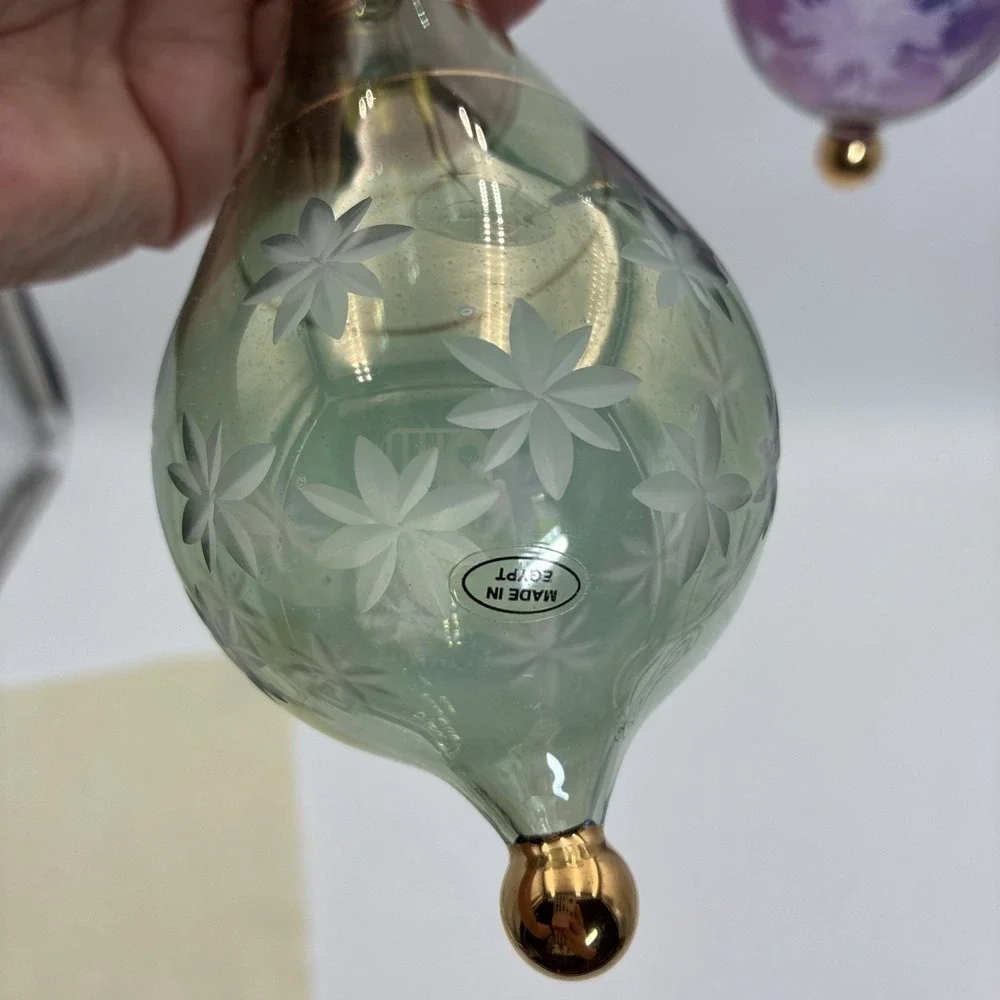 Vintage Egyptian Hand Blown Glass Ornaments Etched Floral Gold Trim Set of 2